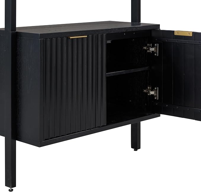 Nathan James Jasper 3-Shelf Solid Wood Boho Bookshelf, Wall Mounted Bookshelf with Cabinet with Fluted Doors, Black Oak, Set of 4
