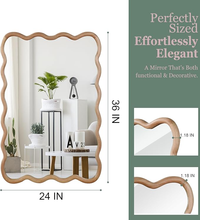 36x24 Inch Wooden Wavy Rectangle Wall Mirror, Modern Solid Wood Frame Decorative Accent Mirror for Bedroom, Bathroom, Living Room, Entryway, Natural Wood Color