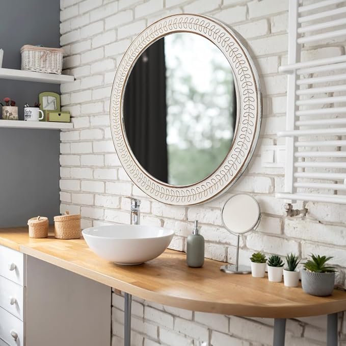 26 inch Round Mirrors for Wall Wood Circle Mirror with Carved Frame Rustic Accent Distressed Decorative for Living Room Bedroom Vanity Entryway Hallway Bathroom - White