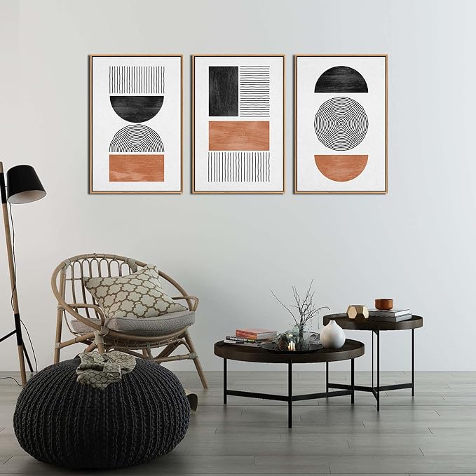 Framed Wall Art Canvas Set Mid Century Boho Pictures Modern Geometric Wall Decor Minimalist Black Brown Bohemian Abstract Painting Artwork for Living Room Bedroom Office 16"x24"x3 Natural