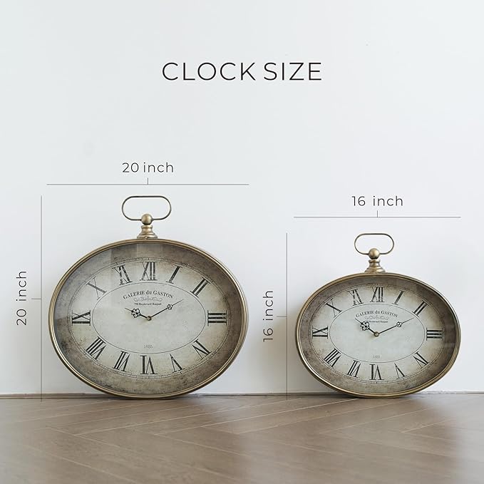 Large Decorative Wall Clock - 20 inch, Distressed Gold, Oval Pocket Watch Design, Roman Numerals, Battery Operated, Large Antique Style for Living Room, Kitchen, Bedroom Decor