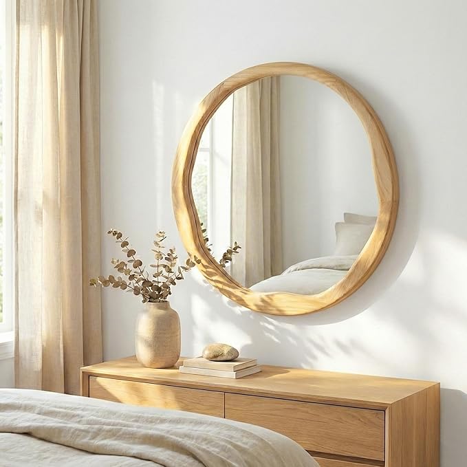 Round Wood Mirror 24 Inch, Irregular Wavy Inner Frame Wall Mirror for Bathroom Vanity, Bedroom, Natural Solid Wood Asymmetrical Decor