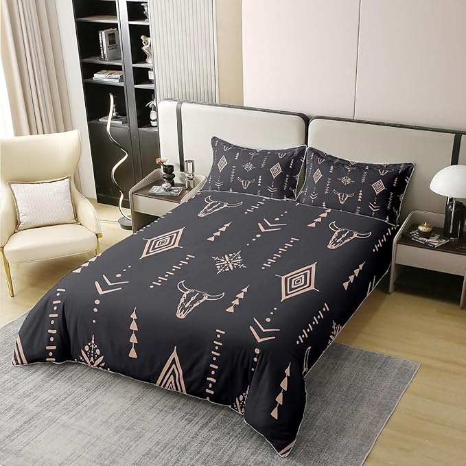 100% Organic Cotton Bull Skull Duvet Cover Full Boho Bedding Set Ethnic Horns Bohemian Comforter Cover Brown Tribal Symbol Mysterious Aztec Bedroom Decor Abstract Geometric Quilt Cover For Men Boys
