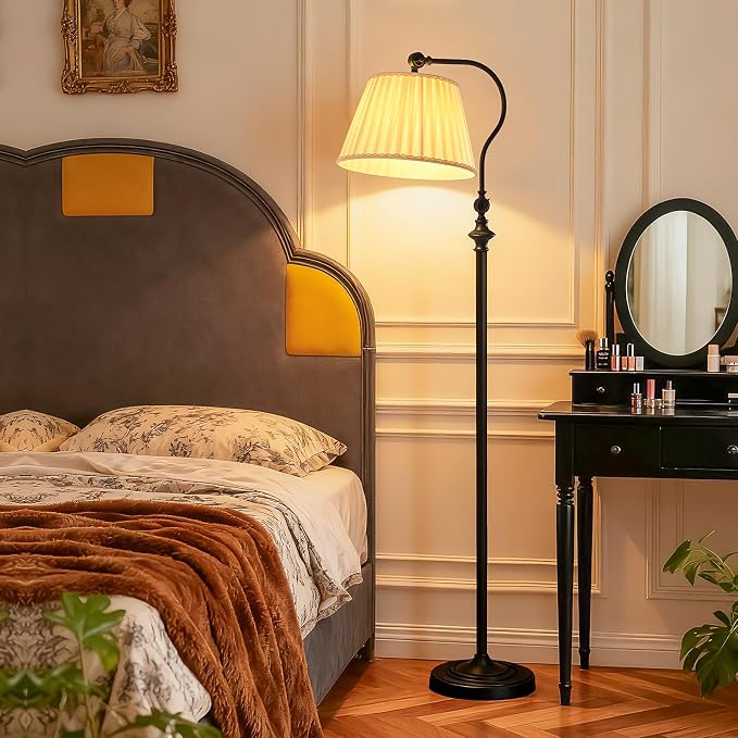 Floor Lamp with Fabric Shade,12W Smart Remote and Bluetooth Dimmable, Standing Lamps for Living Room Corner Bedroom Bedside Farmhouse Office,Modern Rustic Vintage Tall Reading Light