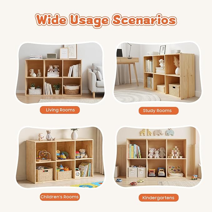 6 Cube Storage Shelf, 2-Tier Solid Wood Cube Storage Organizer, Vertical or Horizontal Floor Standing Open Bookcase for Bedroom, Study, Bookstore & Office