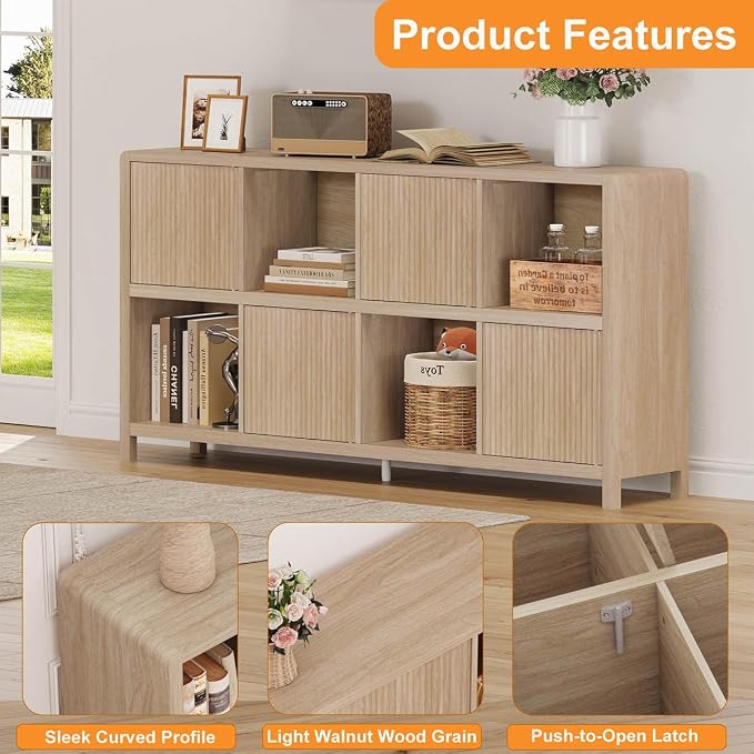 FATORRI 8 Cube Bookshelf with 4 Doors and 5 Cube Bookcase with 2 Doors for Home Office (Light Walnut)