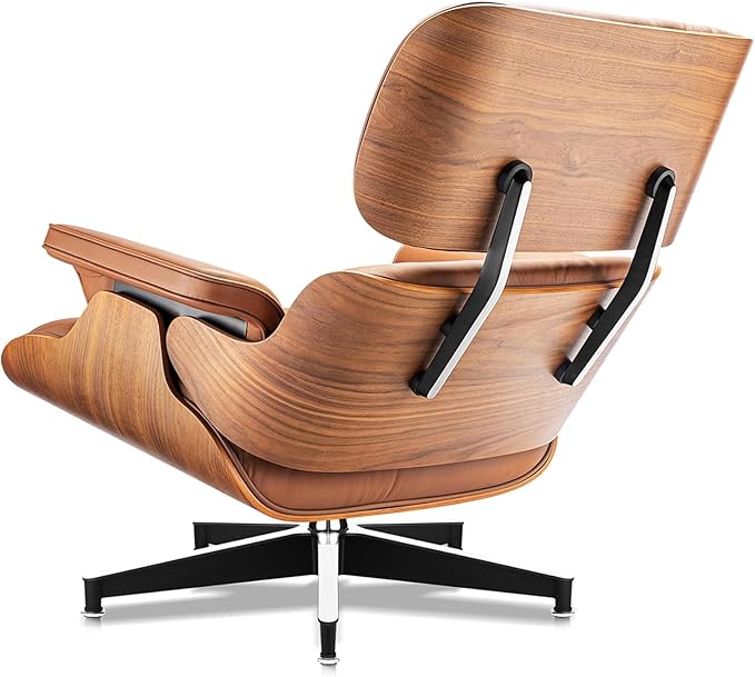 Mid Century Chaise Lounge Chair and Ottoman, Reading Chair, Leather Accent Chair, Modern Chair, Classic Design, Heavy Duty Base Support for Living Room Lounge Office (Walnut-Brown, Upgraded)