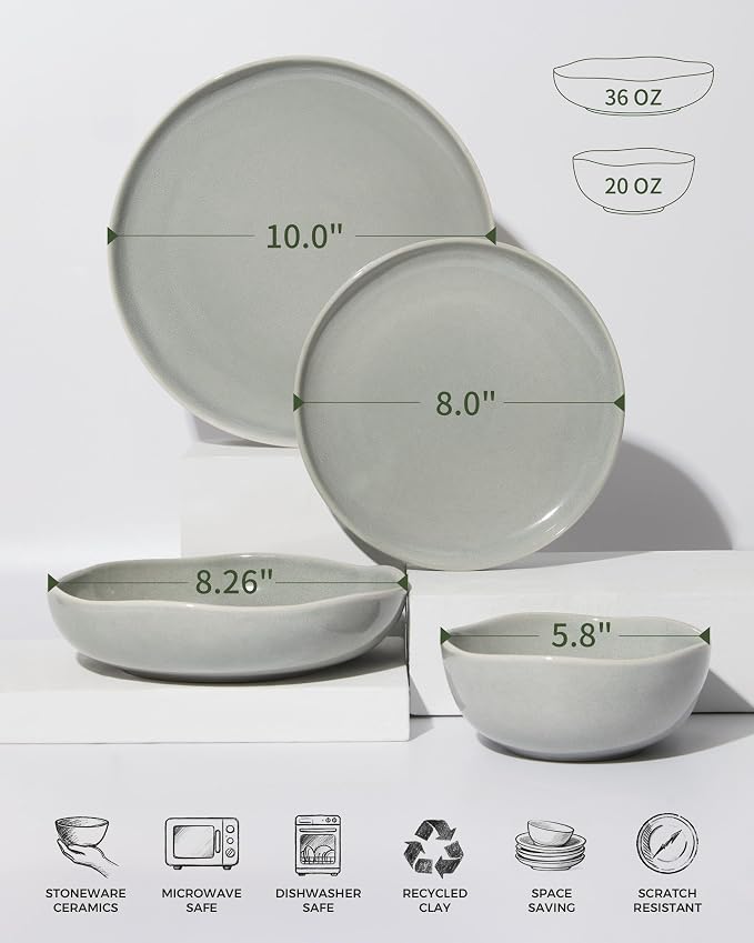 Pokini 24 Pieces Dinnerware Set for 6 with Pasta Bowls, Complete Ceramic Dish Set, Stackable & Glossy Stoneware Plate and Bowl Set for Effortless Everyday Hosting, Gray Green