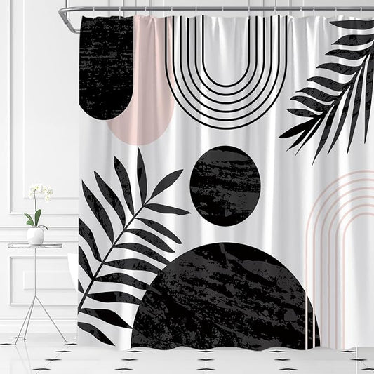 Mid Century Modern Shower Curtain Boho Black Abstract Retro Aesthetic Fabric for Bathroom Decor Bathtub with Hooks (70" WX78 H)