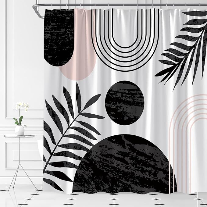Mid Century Modern Shower Curtain Boho Black Abstract Retro Aesthetic Fabric for Bathroom Decor Bathtub with Hooks (67" WX70 H)