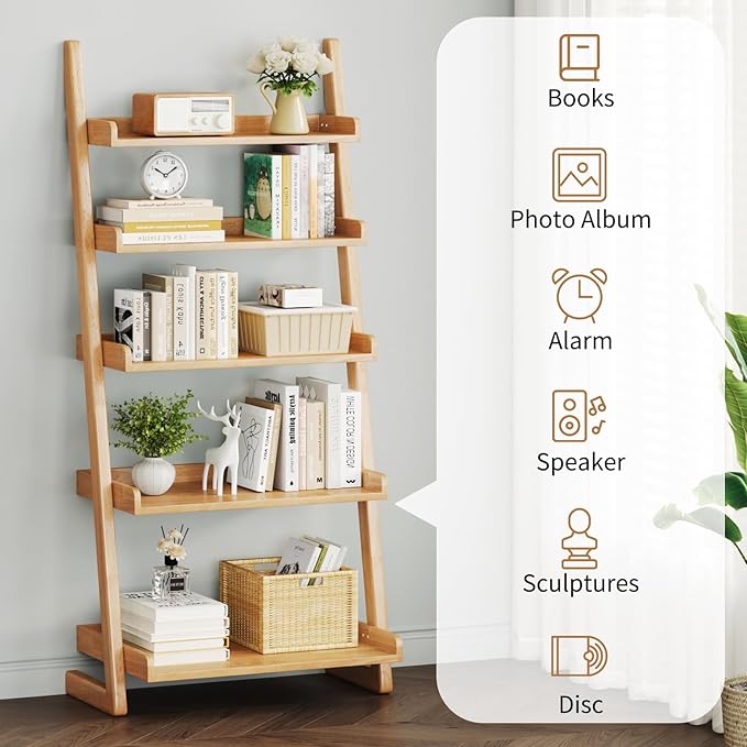 Uniclinens Natural Wooden Ladder Shelf, 5-Tier Leaning Bookshelf, Ladder Bookshelf for Compact Spaces, Leaning Bookcase for Living Room, Bedroom, Home Office