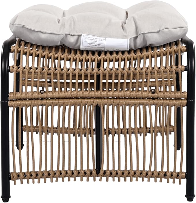 Outdoor Chair with Ottoman, 3-Piece Outdoor Lounge Furniture Set - Lounge Chair, Side Table & Ottoman, Ideal for Garden, Balcony, Deck (Beige,Black+Natural)