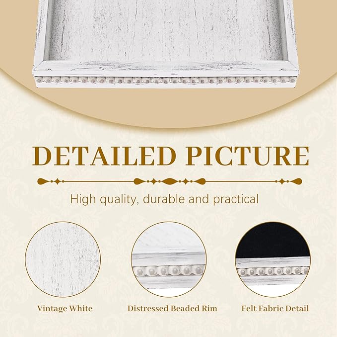MAONAME Wood Serving Tray, Farmhouse Wooden Tray for Coffee Table, Rustic Rectangle Trays with Beads, Vintage White Decorative Trays for Living Room, Kitchen, 15.7" X 11.8" X 1.57"