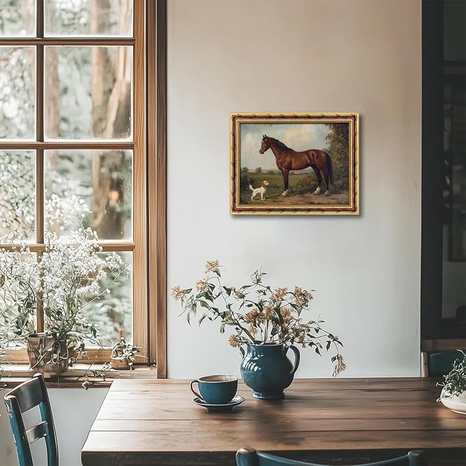 Vintage Horse and Dog Wall Art with Gold Antique Frame, Classic Western Farmhouse Painting Print, Rustic Country Home Decor Picture Wall Art 16×24 Inch