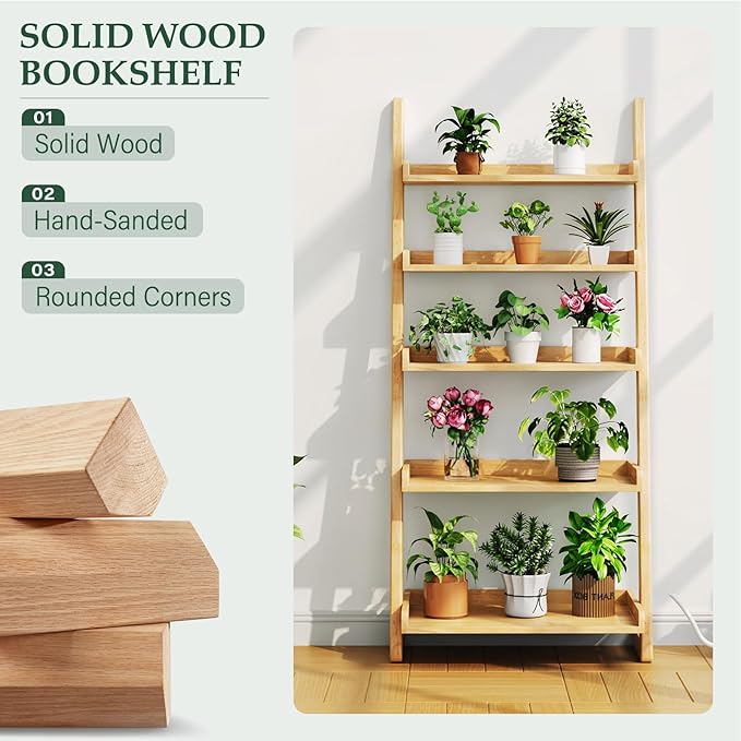 5-Tier Wooden Natural Ladder Shelf - Solid Wood Leaning Bookshelf Shelves, Leaning Bookcase for Saving Space, 55" H Book Shelf for Living Room & Bedroom & Home Office