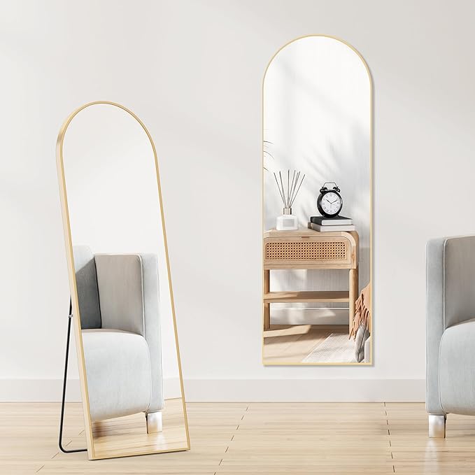 OLIXIS Arched Full Length Mirror for Bedroom, 58"x19" Full Body Mirror with Stand, Hanging or Leaning for Wall, Aluminum Alloy Thin Frame Floor Standing for Living Room, Long, Gold