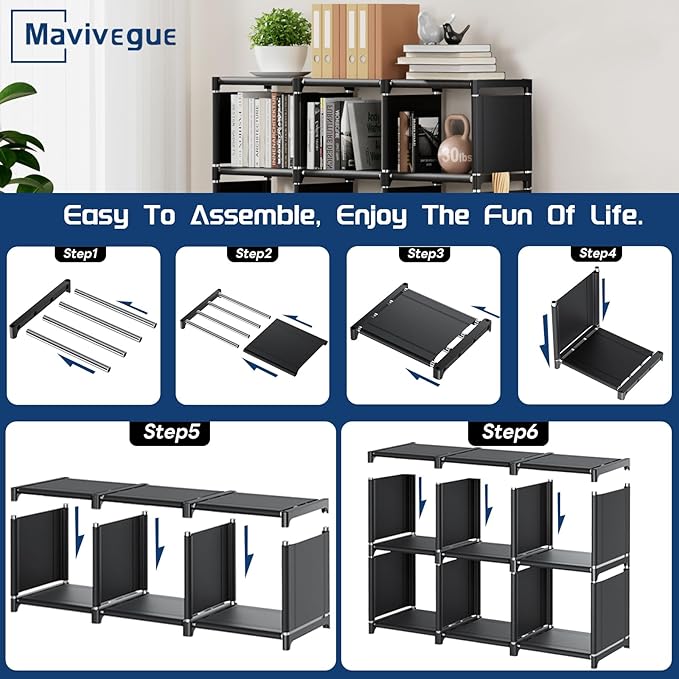 Mavivegue Book Shelf, Cube Storage Organizer, DIY Bookcase, Metal Bookshelf,Tall Book case for Bedroom, Living Room,Office,Closet, Cubicle Rack (6-Grid,Black）