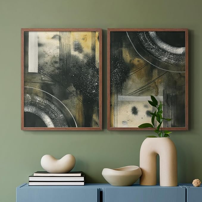 Renditions Gallery Set of 2 Peel & Stick Framed Prints, Moody Abstract Wall Art, Circular and Splattered Effects Wall Decor, Re-Stickable - Ready to Hang - 16"x20" - Walnut Frame LT588