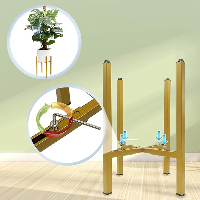Adjustable Metal Plant Stand, Indoor Outdoor, Width 8" to 14", Fits Small to Large Pots, Modern Golden Iron Plant Holder
