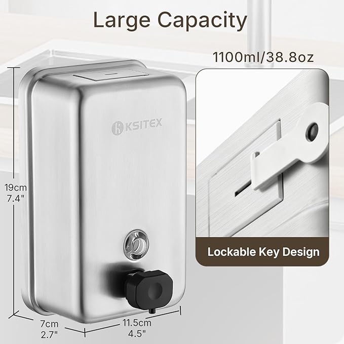 Stainless Steel Soap Dispenser Wall Mounted, 37oz Commercial Hand Soap Dsipenser, Manual Anti-Leak Pump Liquid Soap Dispenser, Rust-Proof Lining Hand Sanitizer Lotion Dispenser for Bathroom