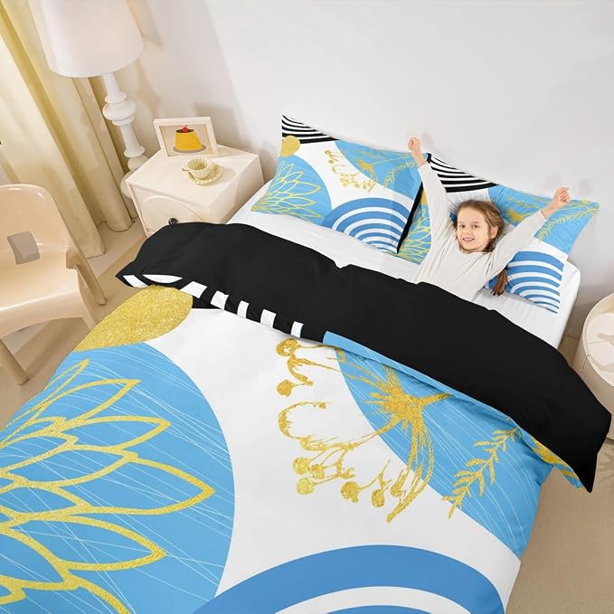 Erosebridal Sky Blue Boho Modern Queen Comforter Cover for Women Men Adults - Mid Century Abstract Duvet Cover Bohemian Geometric Bed Set Chic Contemporary Stripes Bedding Set