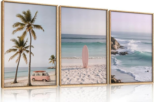 HPINUB Beach Seascape Framed Canvas Wall Art Set,Palm Tree Surfboard Nature Wall Decor,Modern Coastal Landscape Artwork Relax Summer Ocean Art Print for Living Room,Bedroom,Bathroom Decor-24 x36 x3