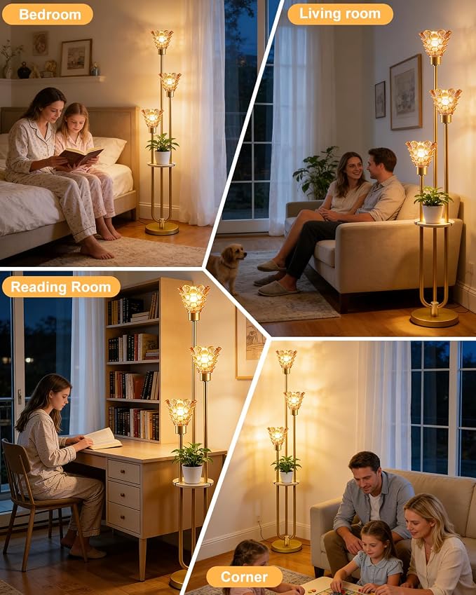 3-Light Modern Glass Floor Lamp with Shelf, Gold Tall Standing Lamp with Amber Flower Glass Shade, LED Floor Lamp with Foot Switch& 5Lbs Heavy Base for Living Room Bedroom, Bulb Included