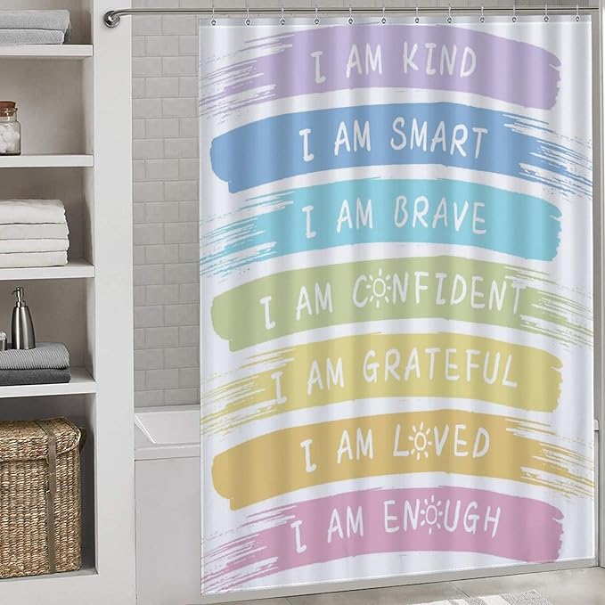 Rainbow Shower Curtain for Girls Bathroom, Kids Baby Boho Cute Inspirational Motivational Quotes Bohemian Cartoon Colorful Pastel Waterproof Fabric Shower Curtain Set with Hooks, 72"x72" Inch