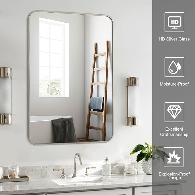 Bathroom Mirror Brushed Nickel, 28 x 36 Inch Metal Frame Rectangle Mirror Rounded Silver Modern Vanity Mirror Anti-Rust for Bathroom, Farmhouse Wall Mounted Vertically/Horizontally