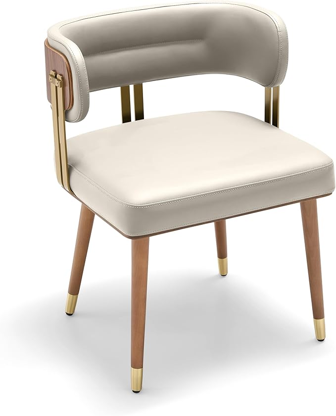 Modern Upholstered Leather Dining Chairs with High-Resilience Foam Cushion, Walnut Wood Veneer&Gold Metal Legs, 22Lx20.5Wx28.3H Inches, Anti-Slip Kitchen Chairs for Dining Room,Cream