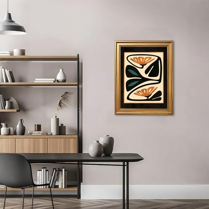 Vintage Gold Framed Abstract Floral Wall Art Mid Century Modern Botanical Poster Darkness Geometric Canvas Painting Print Retro Minimalist Home Decor for Bedroom Office 16x24inch