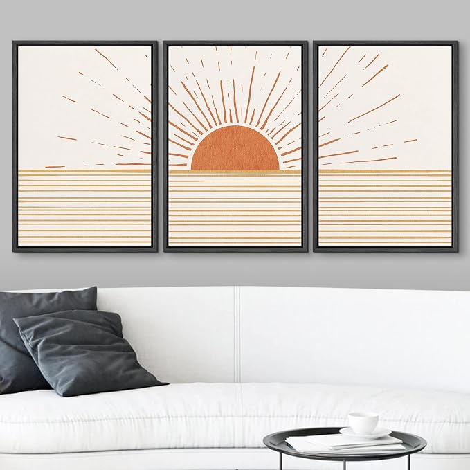 wall26 Framed Canvas Print Wall Art Set Mid-Century Ocean Sunset Sun Horizon Nature Abstract Illustrations Modern Art Bohemian Decorative for Living Room, Bedroom, Office - 24"x36"x3 Black