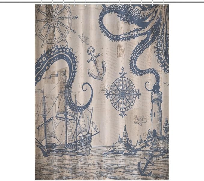 Ocean Nautical Shower Curtains,Sailboat Compass Hand Painted Navigation Vintage Nautical Elements Waterproof Shower Curtains for Bathroom Decor 12 Pack Hooks 55x72in（140x183cm）