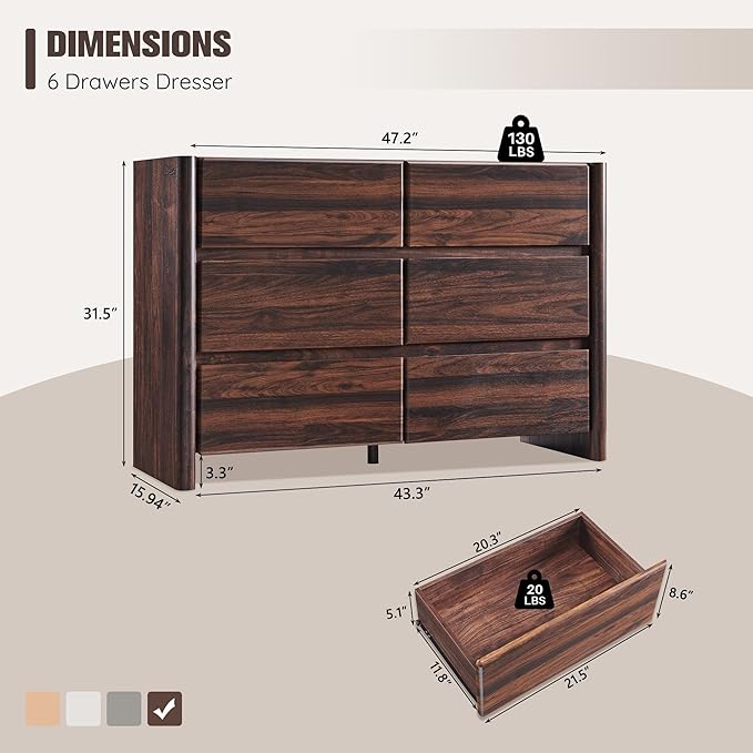 Modern 6 Drawers Dresser for Bedroom, 47" Wide Dresser w/Large Storage & Rounded Corner, Wood Handleless Chests of Drawers w/Natural Texture for Bedroom, Hallway, Living Room-Brown