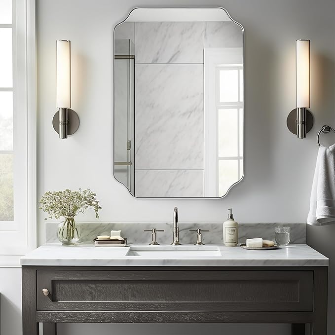 ANDY STAR Scalloped Bathroom Mirror, 24x36 Inch Brushed Nickel Rectangle Mirror, Silver Bathroom Vanity Mirror, Silver Framed Mirror in Anti-Rust Stainless Steel Metal, Thin Frame Deep 1’’