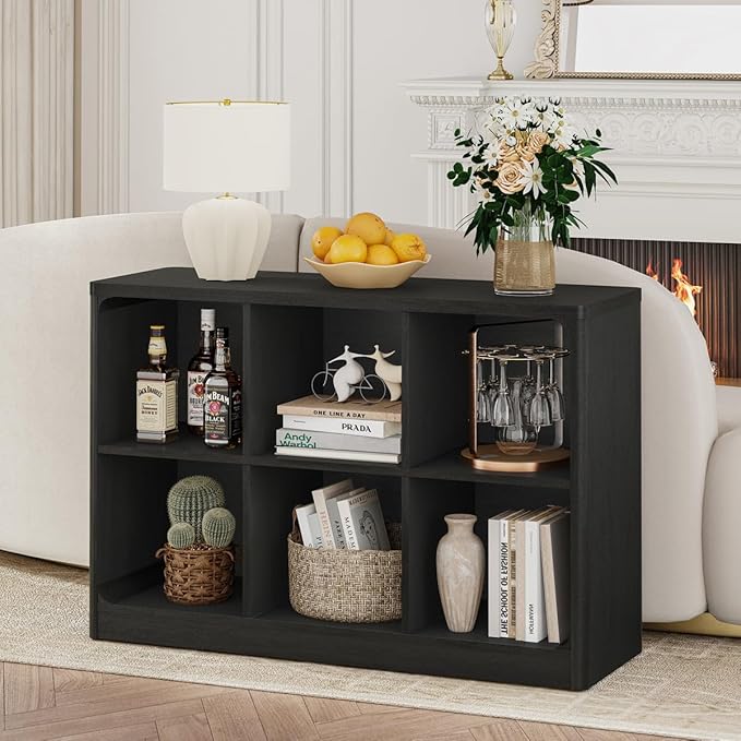 FATORRI 6 Cube Storage Bookcase, Rustic Wood Horizontal Bookshelf with Rounded Corners, Low Cube Organizer Shelf for Living Room, Bedroom, Office (Black, 43 Inch)