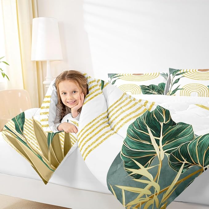 Erosebridal Modern Boho Green Comforter Minimalist Mid Century Toddler Bedding Set Simple Aesthetic Art Bedding for Kids Adults Minimalism Plant Duvet Insert 2Pcs Room Decor