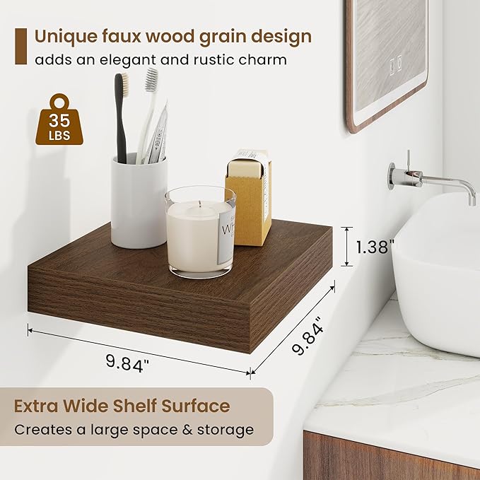 Square Floating Shelves for Wall, 10"W x 10"D x 1.25"H, 3 Packs Small Wall Mounted Engineered Wood Shelves with Invisible Brackets for Living Room, Bedroom, Bathroom, Kitchen Decor, Walnut