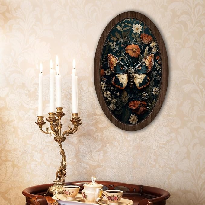 UYIKG Vintage Moth Wall Art Decor,Cottagecore Moth Floral Oval Wall Decor,Gothic Witchy Mystical Oval Wooden Framed Decorations for Theme Room Home Bedroom Living Room 9x14.6 in