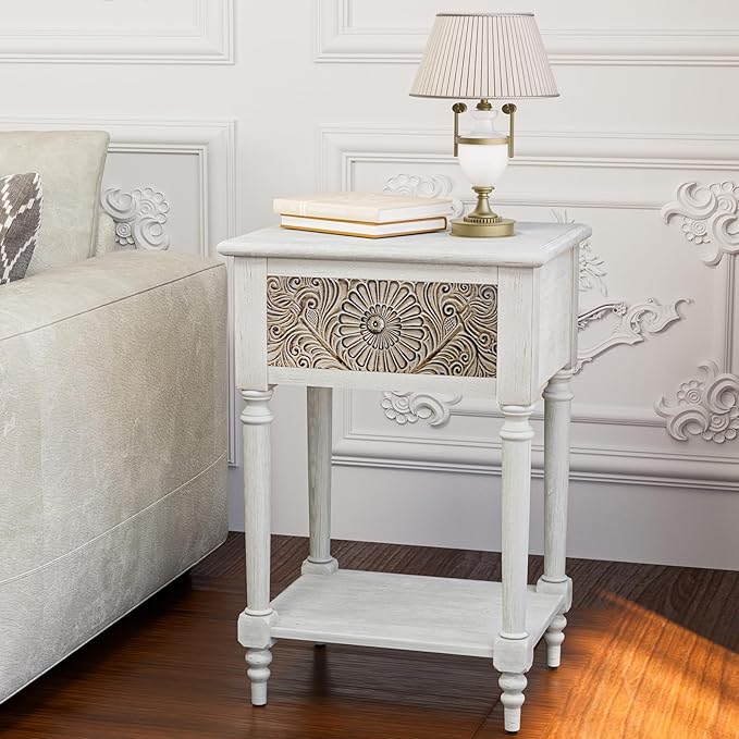 HOMPUS Fully Assembled Farmhouse Nightstand with Drawer and Shelf, Vintage Nightstand with Flower Pattern, Wood End Table, Small Bedside Table Night Stand for Living Room, Bedroom, Distress White