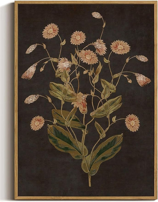 WALLZK Vintage Framed Wall Art Botanical Canvas Prints Painting Dark Moody Floral Wall Decor Retro Wildflower Pictures Artwork for Walls Living Room Bedroom Bathroom 8"x10"