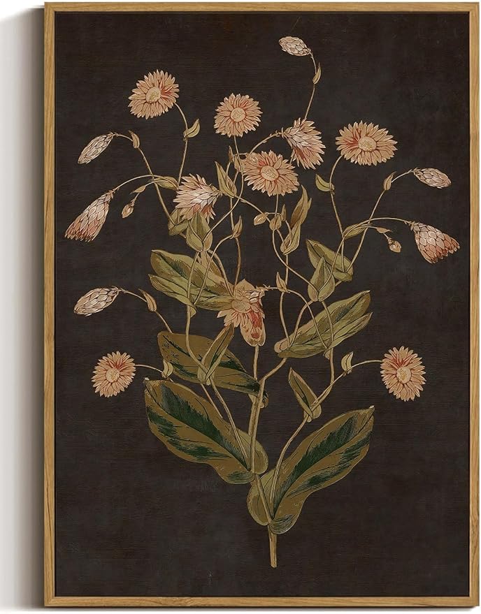 WALLZK Vintage Framed Wall Art Botanical Canvas Prints Painting Dark Moody Floral Wall Decor Retro Wildflower Pictures Artwork for Walls Living Room Bedroom Bathroom 16"x24"