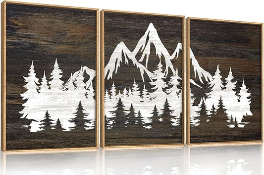 LHIUEM Large Mountain Tree Framed Canvas Wall Art Set,Modern White Forest Art Printing Country Minimalist Wood Wall Decor Farmhouse Zen Artwork for Living Room Bedroom Office-24''x36''x3