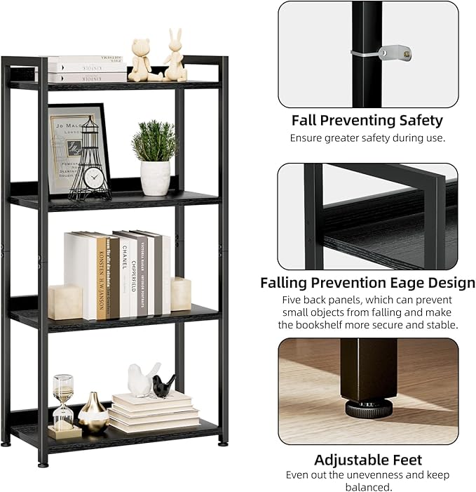 NUMENN Bookshelf, 4 Tier Bookshelves, Home Office Bookcase Shelf Storage Organizer, Free Standing Storage Shelving Unit for Bedroom, Living Room and Home Office, Black
