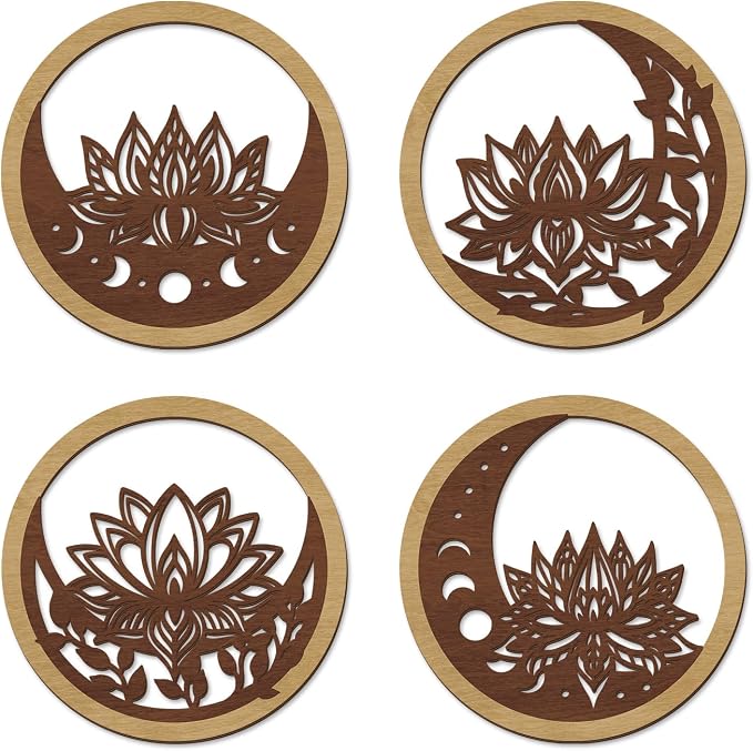TOARTi 4PCS Buddha Brown Lotus Wooden Wall Art Vintage Mandala Lotus Wall Decor for Living Room Office Bathroom Artwork Indian Mandala Flower Hanging Plaque Abstract Mandala Wood Sign for Yoga Room