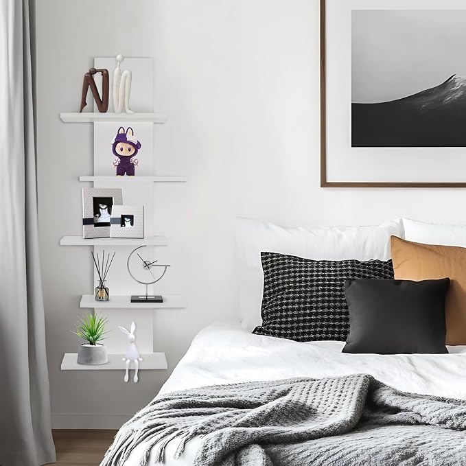 VIWODS 5 Tier Wall Shelf Unit-White Floating Shelves for Home Decor, Modern Unique Asymmetric Design for Bedroom & Living Room Storage