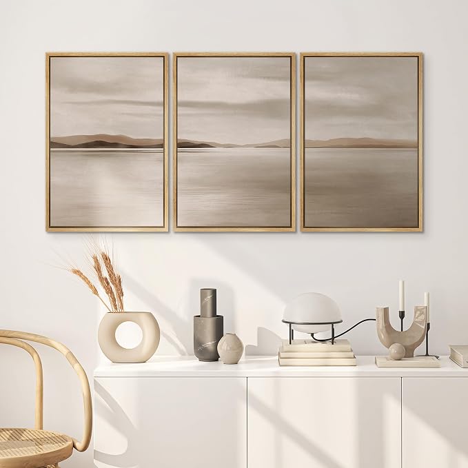 SIGNWIN Framed Canvas Print Wall Art Set Minimalist Beige Lake Horizon Landscape Illustrations Modern Art Decorative Chic Calm/Zen for Living Room, Bedroom, Office - 24"x36"x3 NATURAL