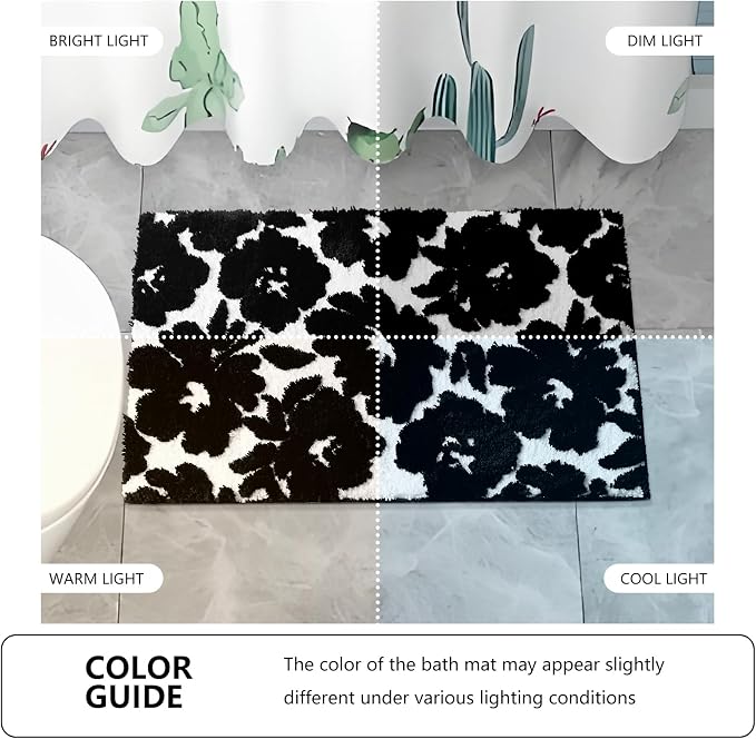 Civkor Black and White Bathroom Rug, Tufted Flower Bath Mat for Bathroom with Non Slip TPR Backing, Quick Dry Microfiber Surface, Soft and Super Water Absorbent Bath Rug, 31x20Inch