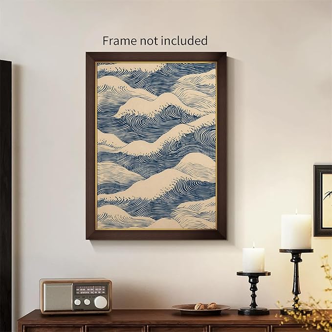 EOLRCIG Japanese Blue Wave Canvas Poster Modern Abstract Geometric Wall Art Vintage Mid-Century Wabi Sabi Prints for Minimalist Living Room Dorm Wall Decor 08x10 inch Unframed
