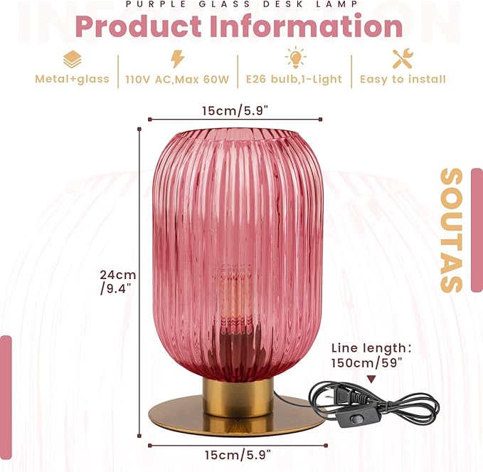 Small Table Lamps Set of 2, Mid Century Glass Desk Lamp Retro Nightstand Lamp with Gold Metal Base, Cute Bedside Lamp Pink Table Lamp for Girls Bedroom Study Room